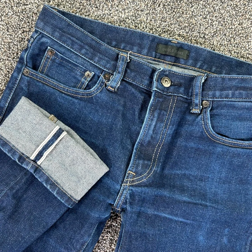 Uniqlo Kaihara Selvedge Indigo Blue Denim Jeans Men 31x32 Slim Straight Low Rise